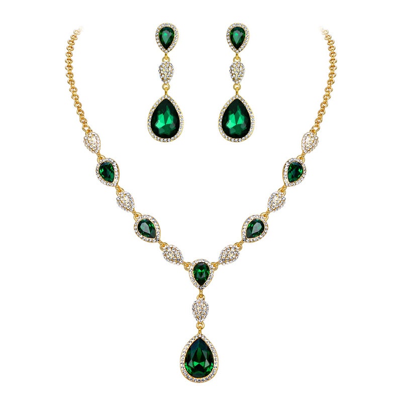 EleQueen Women's Cubic Zirconia Teardrop Y-Necklaces Dangle Earrings Sets for Brides Bridesmaids Emerald Gold-Tone - Image 1